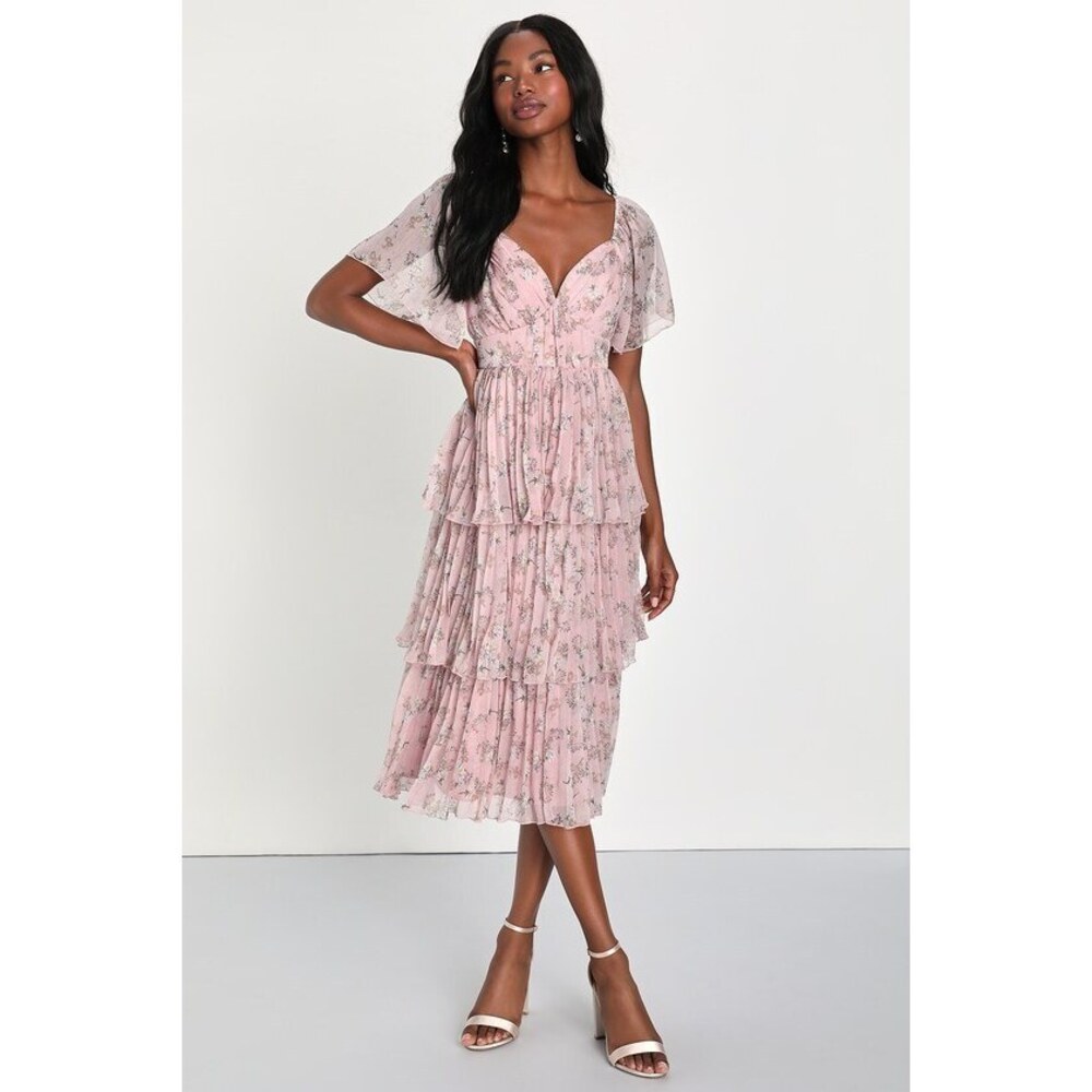 Lulus Gentle Charm Mauve Floral Print Pleated Tiered Midi Dress Pink - Size S